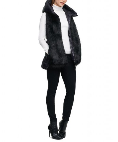 Women's Hooded Faux-Fur Puffer-Contrast Zip-Front Vest Black $44.73 Jackets