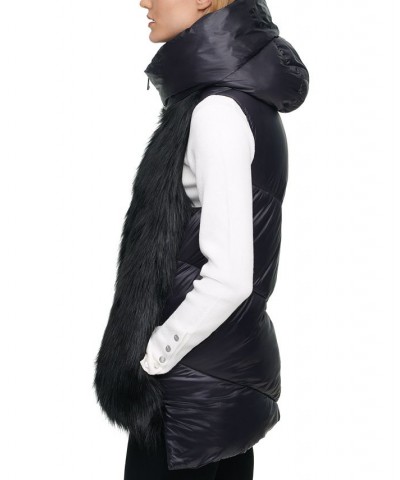 Women's Hooded Faux-Fur Puffer-Contrast Zip-Front Vest Black $44.73 Jackets