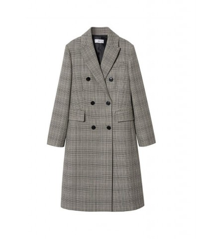 Women's Double-Breasted Check Coat Gray $63.00 Coats