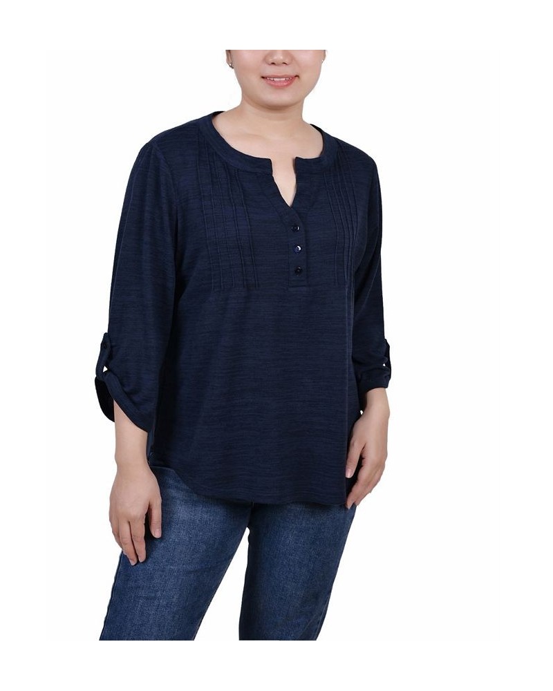 Petite 3/4 Roll Tab Sleeve Pintuck Top Denim Blue $14.40 Tops