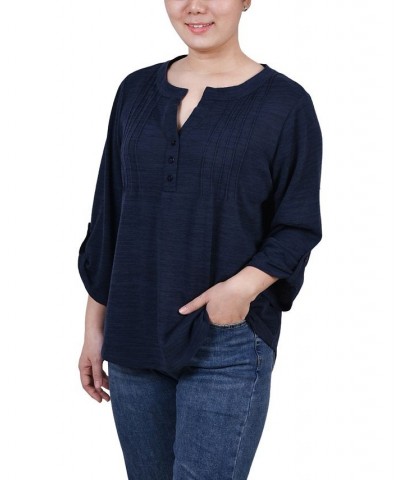 Petite 3/4 Roll Tab Sleeve Pintuck Top Denim Blue $14.40 Tops