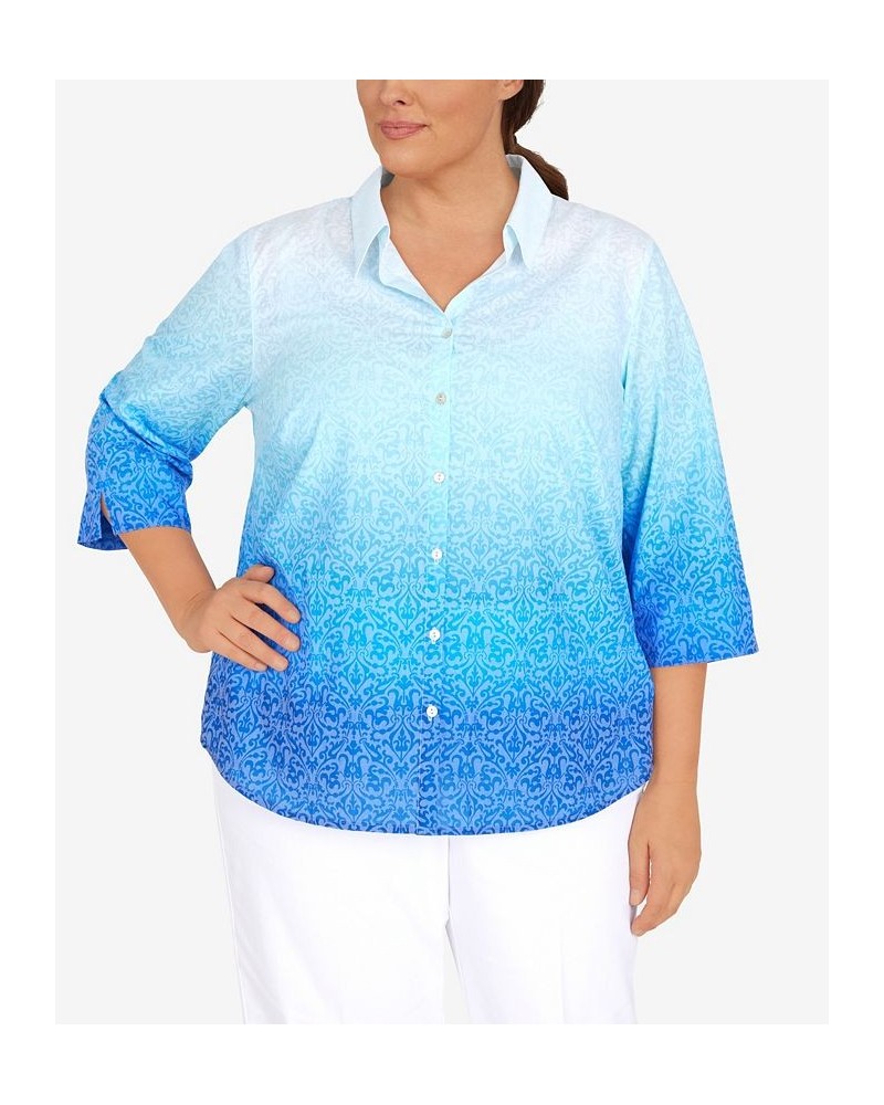 Plus Size Cool Vibrations Button Down Ombre Medallion Burnout Top Ocean Blue $37.49 Tops