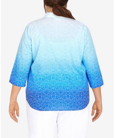 Plus Size Cool Vibrations Button Down Ombre Medallion Burnout Top Ocean Blue $37.49 Tops