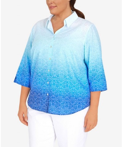 Plus Size Cool Vibrations Button Down Ombre Medallion Burnout Top Ocean Blue $37.49 Tops