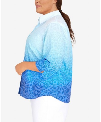 Plus Size Cool Vibrations Button Down Ombre Medallion Burnout Top Ocean Blue $37.49 Tops