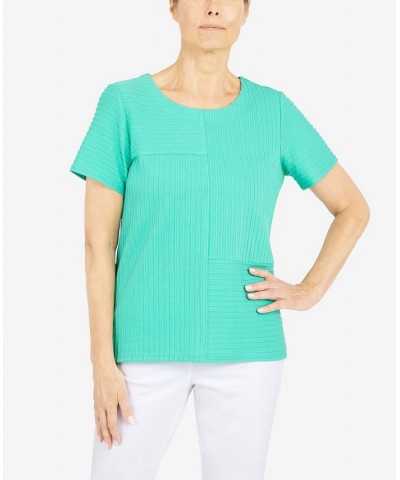 Women's Classics Spliced Ottoman Texture Knit Short Sleeve Top Sea Green $29.03 Tops