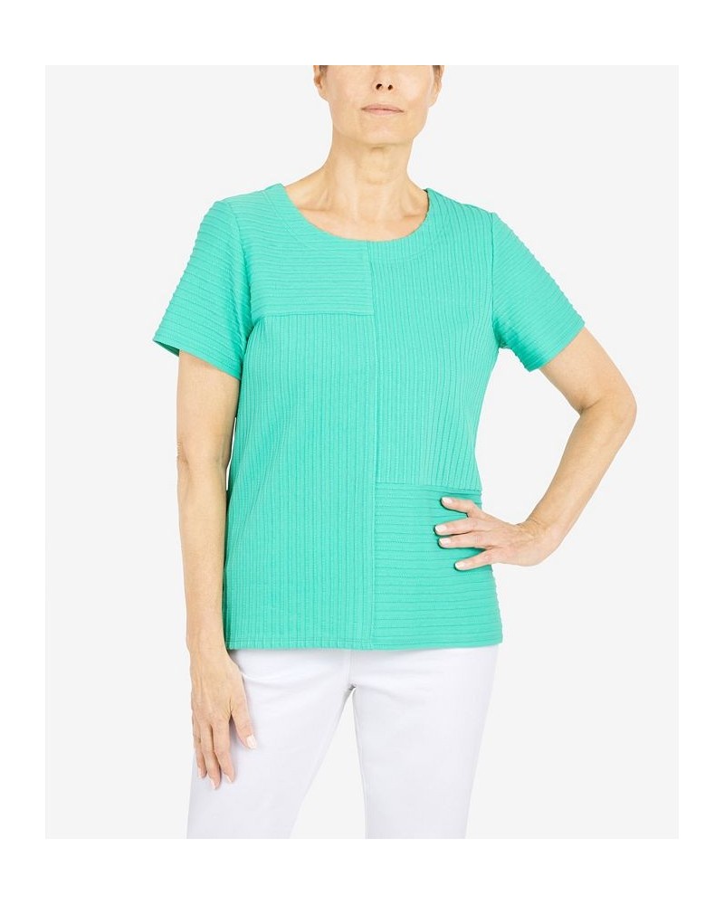 Women's Classics Spliced Ottoman Texture Knit Short Sleeve Top Sea Green $29.03 Tops