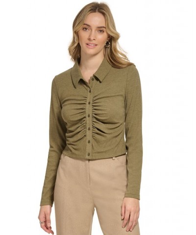 X-Fit Collared Cropped Button Front Knit Top Green $17.82 Tops