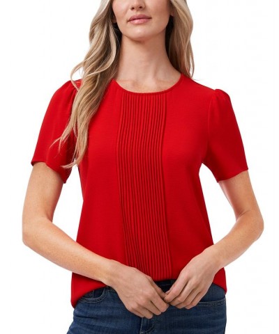 Women's Pin-tucked Short Sleeve Blouse Top Red $28.77 Tops