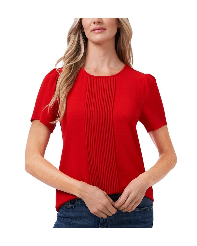 Women's Pin-tucked Short Sleeve Blouse Top Red $28.77 Tops