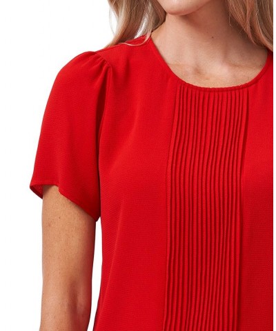 Women's Pin-tucked Short Sleeve Blouse Top Red $28.77 Tops