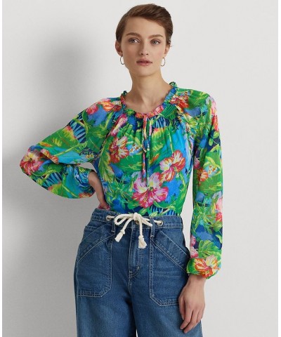 Women's Floral Crinkle Georgette Blouse Green/blue Multi $46.50 Tops