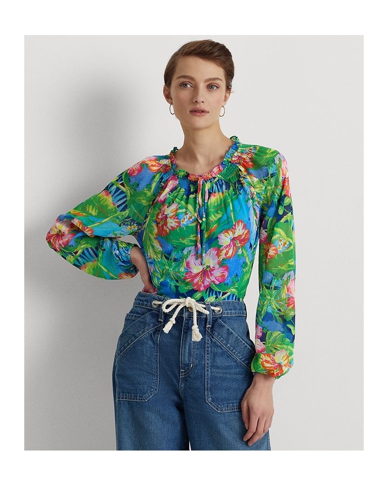 Women's Floral Crinkle Georgette Blouse Green/blue Multi $46.50 Tops