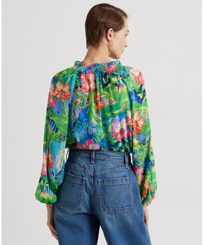 Women's Floral Crinkle Georgette Blouse Green/blue Multi $46.50 Tops