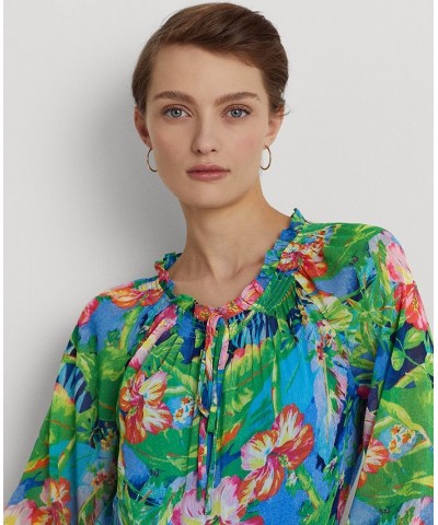 Women's Floral Crinkle Georgette Blouse Green/blue Multi $46.50 Tops