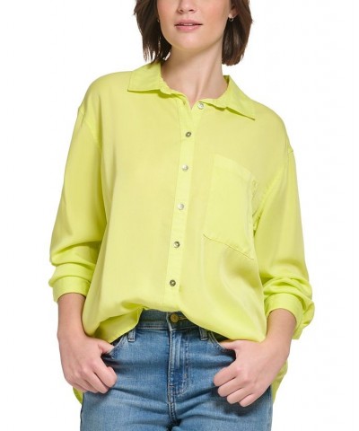 Women's Button-Front Boyfriend Shirt Yellow $21.89 Tops
