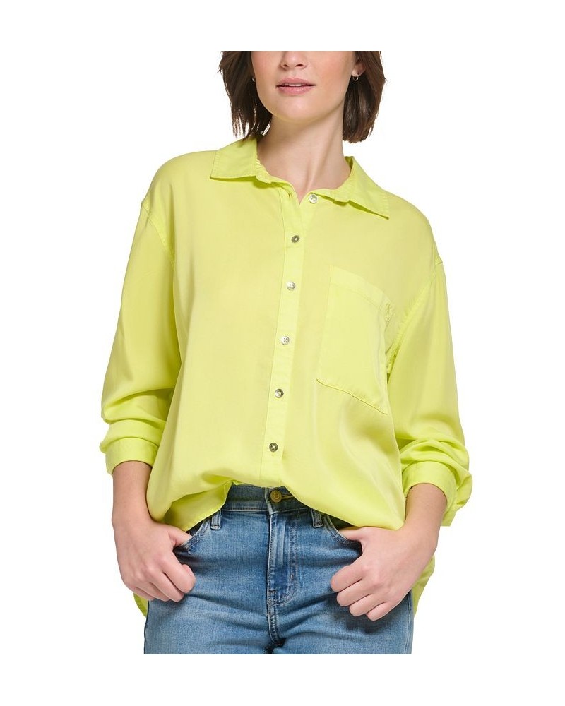 Women's Button-Front Boyfriend Shirt Yellow $21.89 Tops