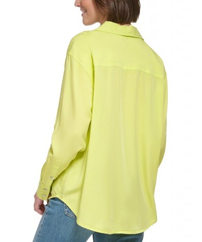 Women's Button-Front Boyfriend Shirt Yellow $21.89 Tops