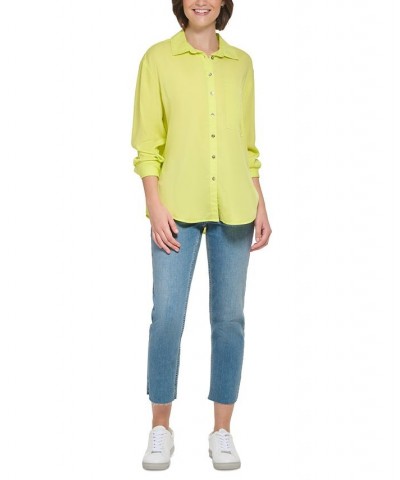 Women's Button-Front Boyfriend Shirt Yellow $21.89 Tops