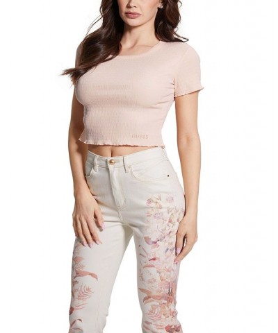 Women's Short Sleeve Crewneck Smocked Cropped Top Dolly Pink $20.09 Tops
