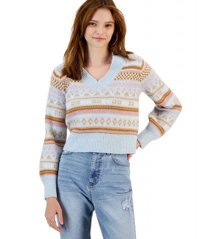 Juniors' Printed Bubble-Sleeve V-Neck Sweater Blue Fairisle Combo $11.56 Sweaters
