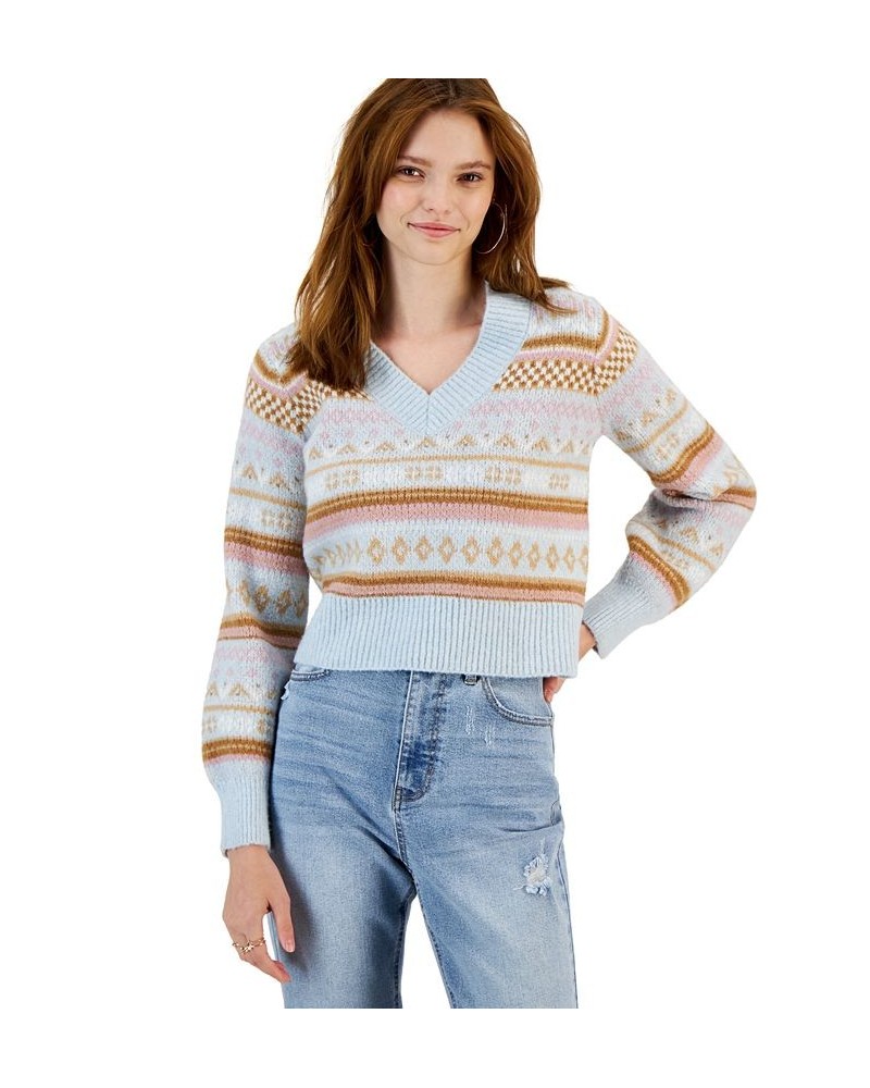 Juniors' Printed Bubble-Sleeve V-Neck Sweater Blue Fairisle Combo $11.56 Sweaters