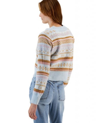 Juniors' Printed Bubble-Sleeve V-Neck Sweater Blue Fairisle Combo $11.56 Sweaters