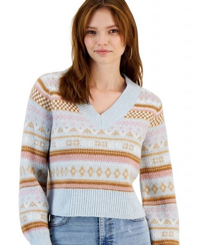 Juniors' Printed Bubble-Sleeve V-Neck Sweater Blue Fairisle Combo $11.56 Sweaters