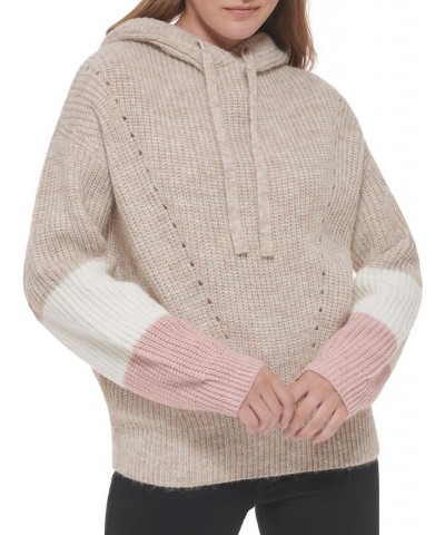 Women's Hooded Ribbed Colorblocked Sweater Brown $31.07 Sweaters