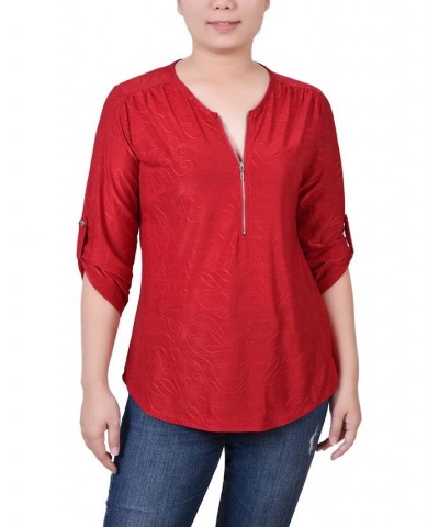 Petite 3/4 Roll Tab Zip Front Jacquard Knit Top Red $16.32 Tops