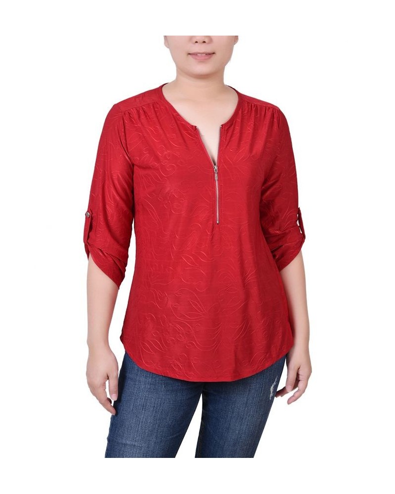 Petite 3/4 Roll Tab Zip Front Jacquard Knit Top Red $16.32 Tops