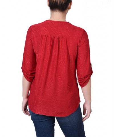 Petite 3/4 Roll Tab Zip Front Jacquard Knit Top Red $16.32 Tops