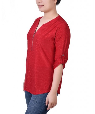 Petite 3/4 Roll Tab Zip Front Jacquard Knit Top Red $16.32 Tops