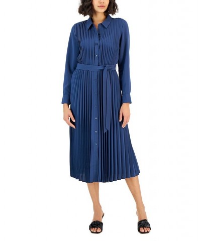 Women's Pleated Belted Midi Shirtdress Blue $33.64 Dresses
