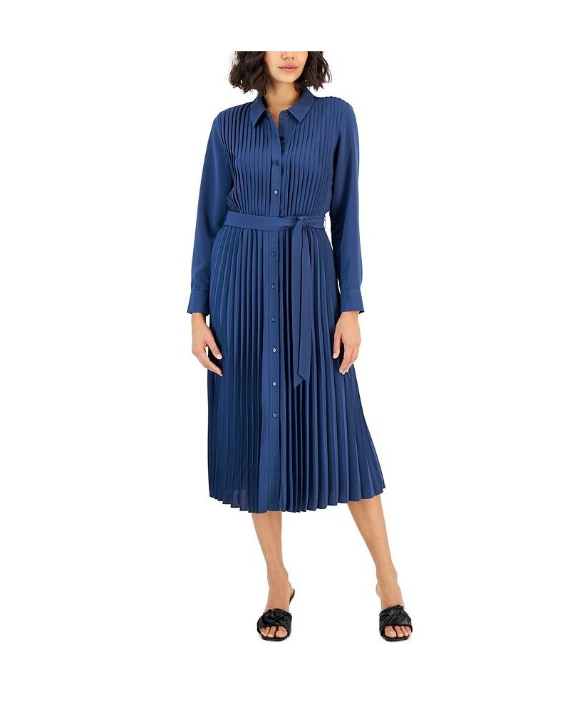 Women's Pleated Belted Midi Shirtdress Blue $33.64 Dresses