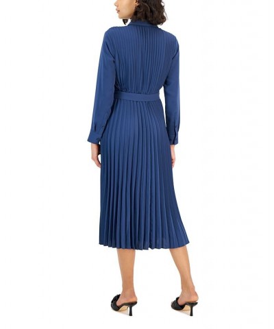 Women's Pleated Belted Midi Shirtdress Blue $33.64 Dresses