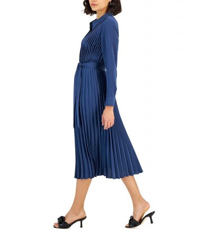 Women's Pleated Belted Midi Shirtdress Blue $33.64 Dresses