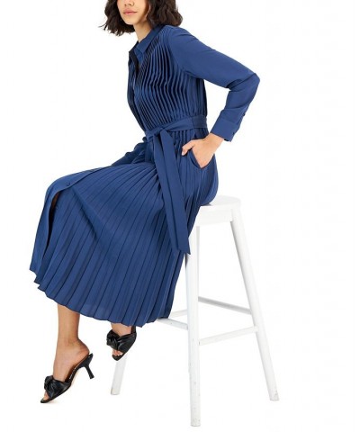 Women's Pleated Belted Midi Shirtdress Blue $33.64 Dresses