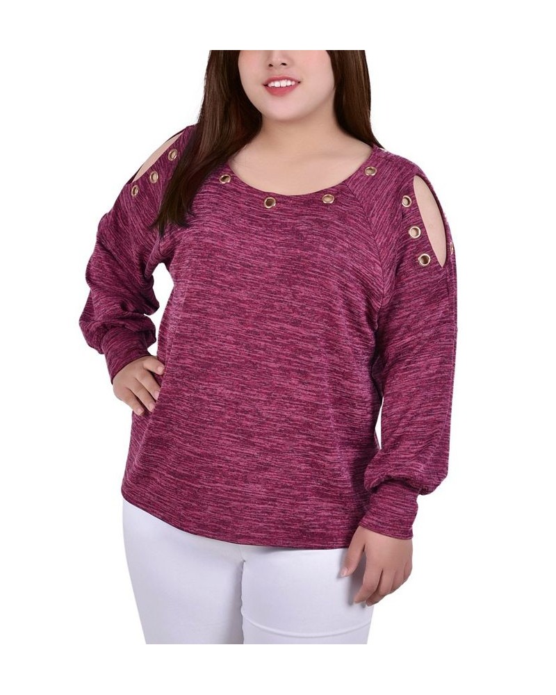 Plus Size Long Sleeve Shoulder Cutout Tunic with Grommets Red $14.31 Tops