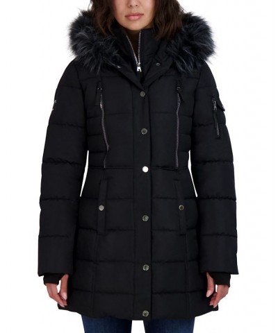 Women's Faux-Fur-Trim Hooded Puffer Coat Black $64.00 Coats