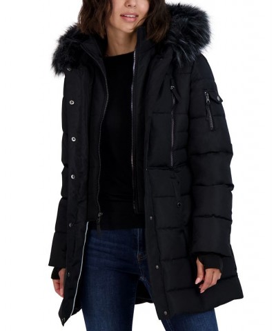 Women's Faux-Fur-Trim Hooded Puffer Coat Black $64.00 Coats