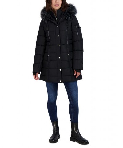 Women's Faux-Fur-Trim Hooded Puffer Coat Black $64.00 Coats