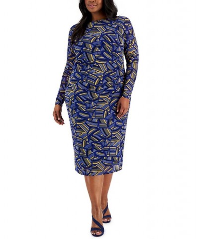 Plus Size Printed Long-Sleeve Sheath Dress Gold / Royal Blue Combo $21.41 Dresses