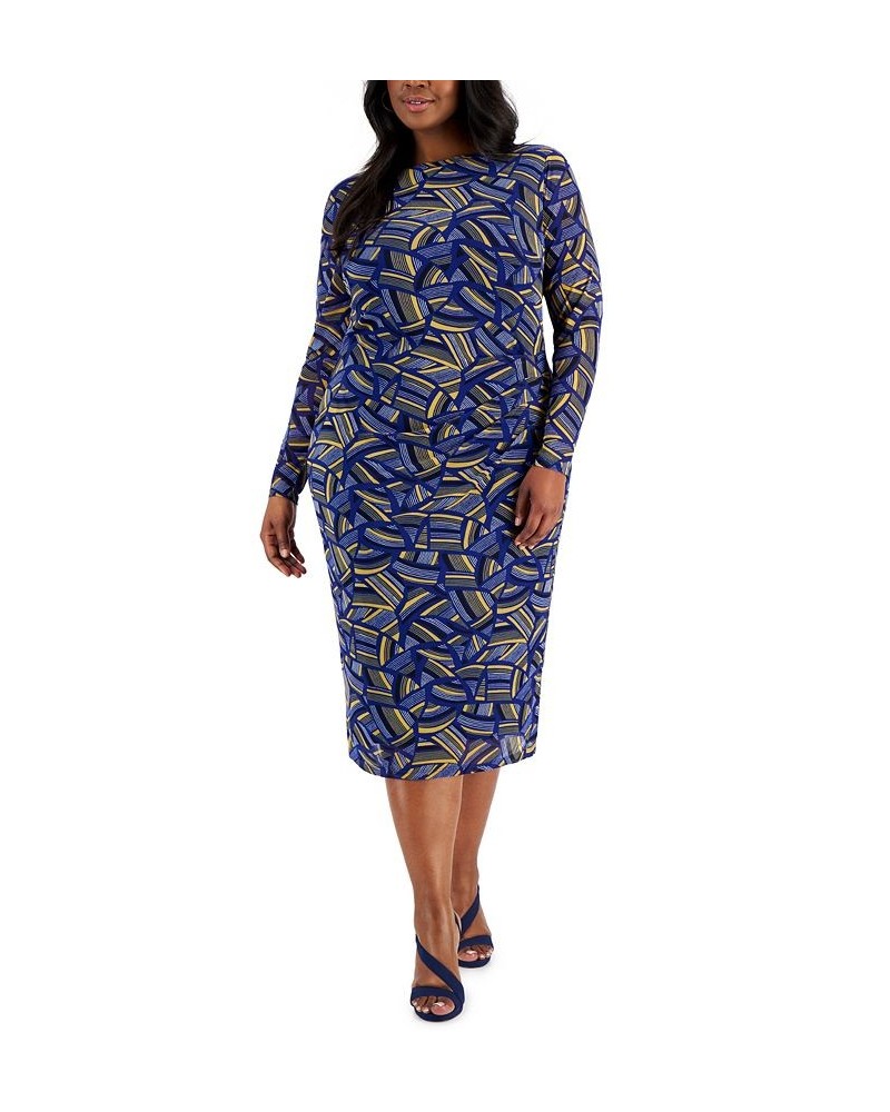 Plus Size Printed Long-Sleeve Sheath Dress Gold / Royal Blue Combo $21.41 Dresses