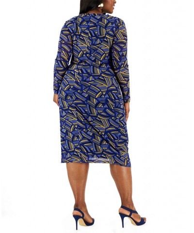 Plus Size Printed Long-Sleeve Sheath Dress Gold / Royal Blue Combo $21.41 Dresses