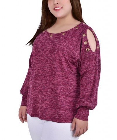 Plus Size Long Sleeve Shoulder Cutout Tunic with Grommets Red $14.31 Tops