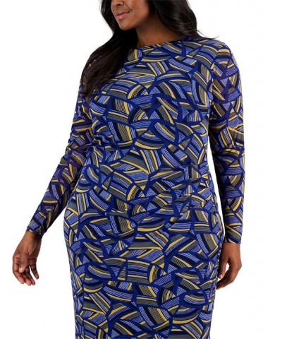 Plus Size Printed Long-Sleeve Sheath Dress Gold / Royal Blue Combo $21.41 Dresses