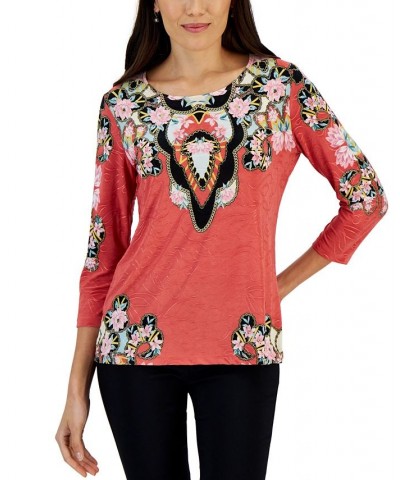 Women's Baroque Printed Jacquard 3/4-Sleeve Top Red $11.09 Tops