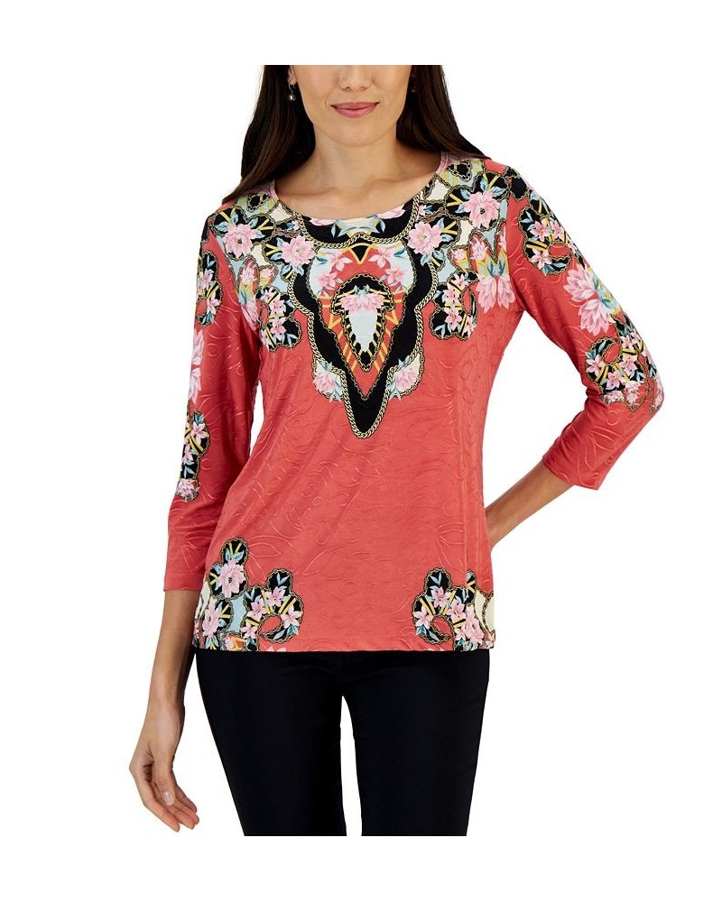 Women's Baroque Printed Jacquard 3/4-Sleeve Top Red $11.09 Tops