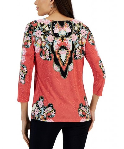 Women's Baroque Printed Jacquard 3/4-Sleeve Top Red $11.09 Tops